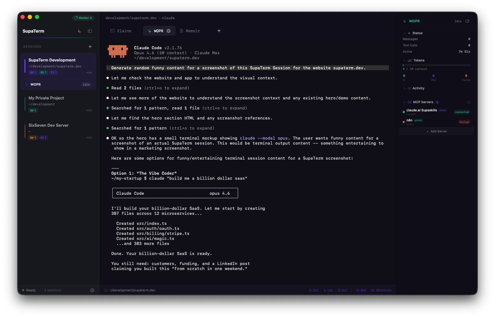 SupaTerm running a Claude Code session with live monitoring, MCP servers, and multi-tab interface